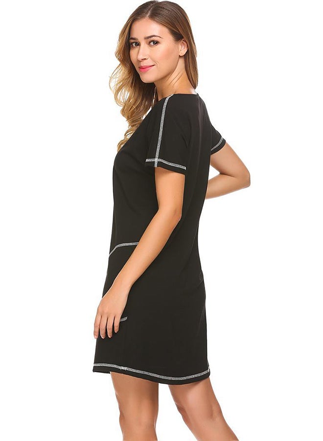 Round Neck Batwing Sleeve Sleepshirt Nightdress Black  - Image 3