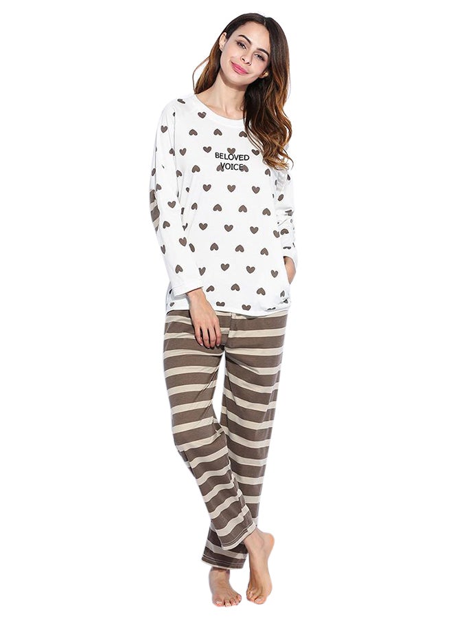 Long Sleeve Striped Top And Elastic Waist Star Print Pyjamas Set White/Brown  - Image 1