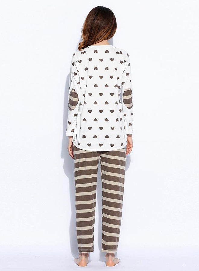 Long Sleeve Striped Top And Elastic Waist Star Print Pyjamas Set White/Brown  - Image 2
