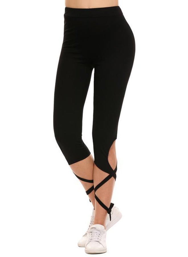 Plain High Waist Crisscross Tie Fitness Gym Yoga Elastic Leggings Black 