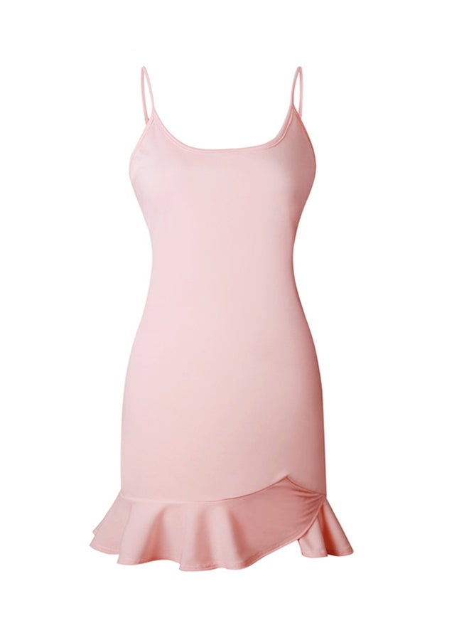 ALEOBONWAY - Ruffled Hemline Sleeveless Spaghetti Strap Solid Casual Beach Dress Pink - Image 1