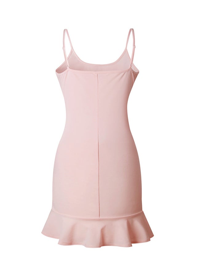 ALEOBONWAY - Ruffled Hemline Sleeveless Spaghetti Strap Solid Casual Beach Dress Pink - Image 1