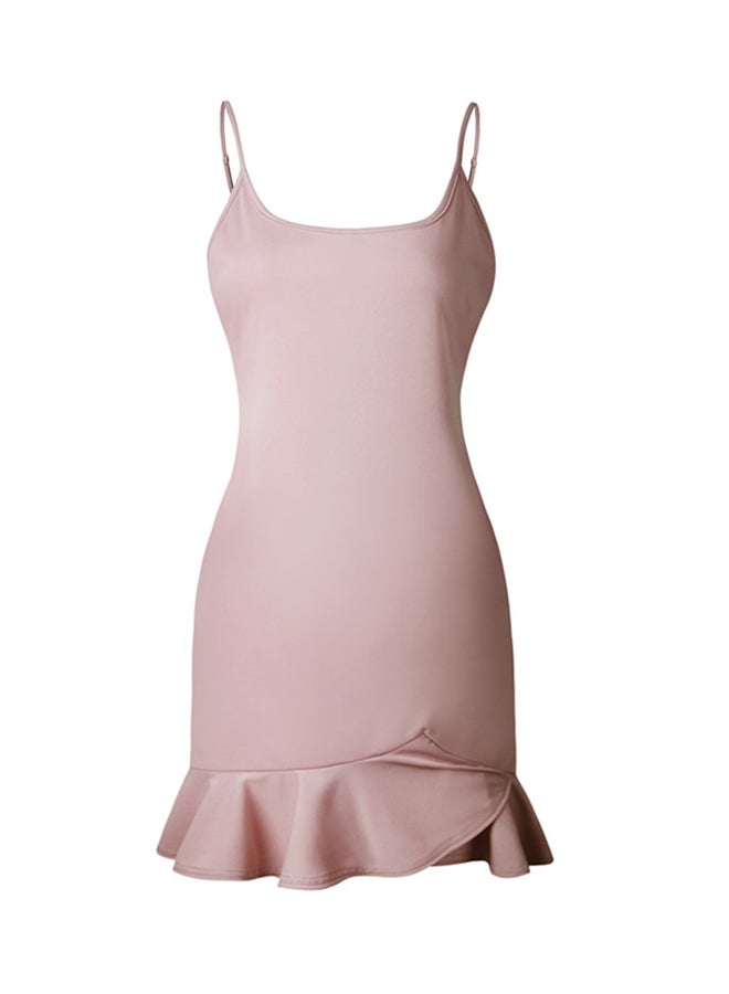 ALEOBONWAY - Ruffled Hemline Sleeveless Spaghetti Strap Solid Casual Beach Dress Light Pink - Image 1