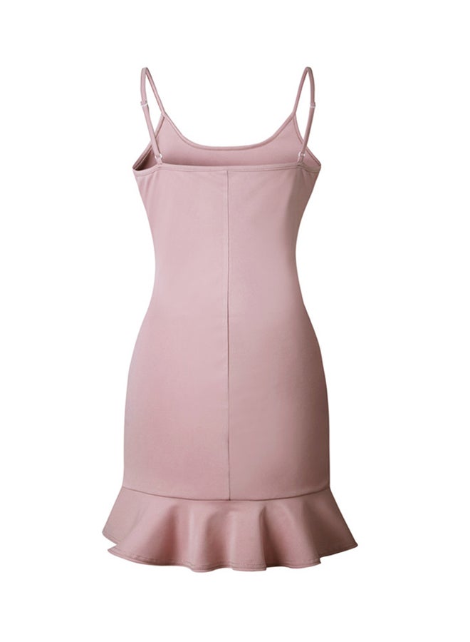 ALEOBONWAY - Ruffled Hemline Sleeveless Spaghetti Strap Solid Casual Beach Dress Light Pink - Image 1