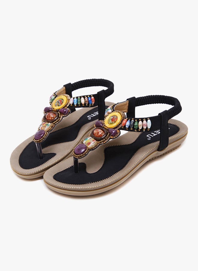 Bohemian Stud String Bead Clip Toe Flat Sandals Black - Image 2