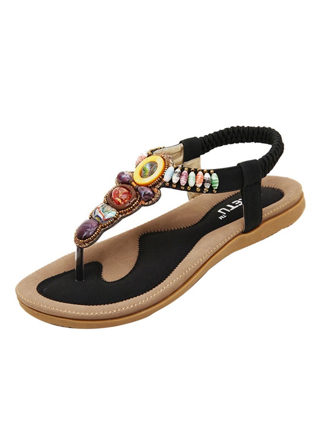 Bohemian Stud String Bead Clip Toe Flat Sandals Black - Image 1