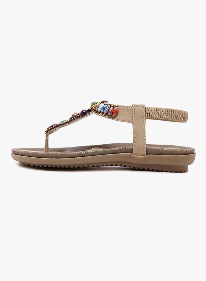 Bohemian Stud String Bead Clip Toe Flat Sandals Beige - Image 2