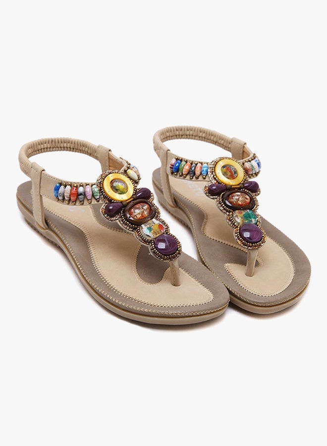 Bohemian Stud String Bead Clip Toe Flat Sandals Beige - Image 3