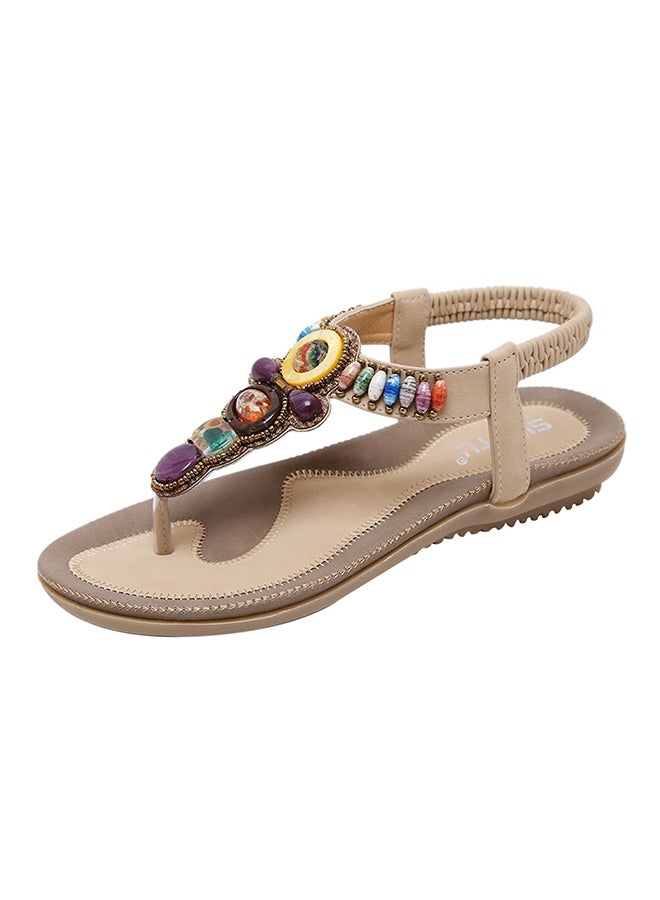 Bohemian Stud String Bead Clip Toe Flat Sandals Beige - Image 1