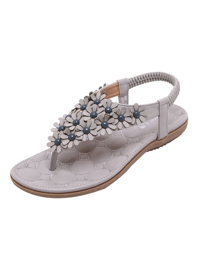 Floral Bohemian String Bead Clip Toe Flat Shoes Grey  - Image 1