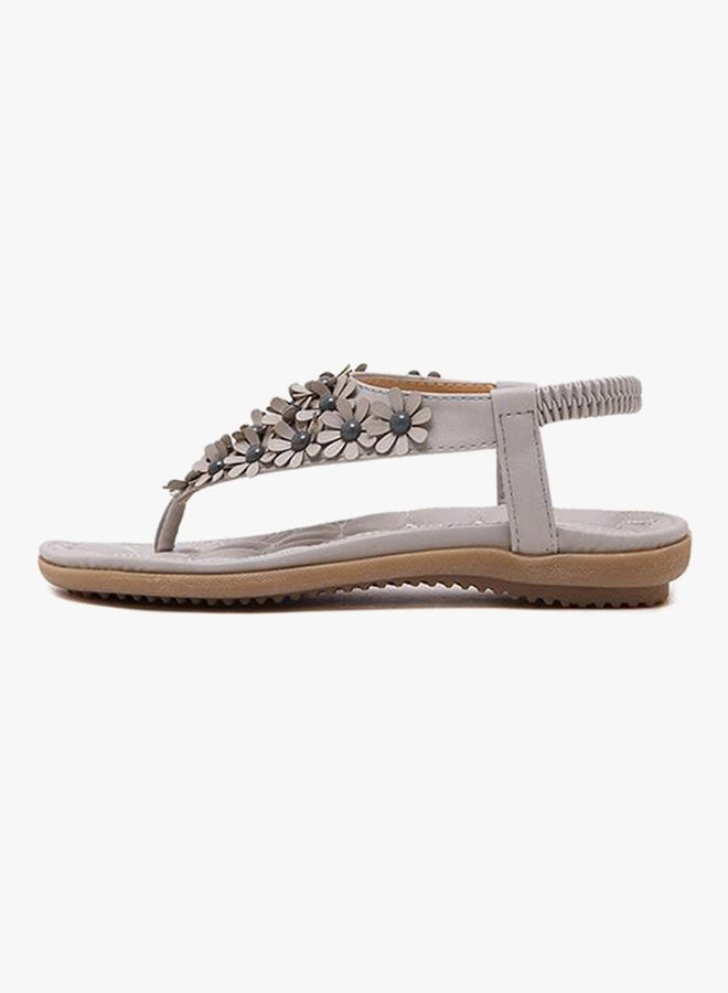 Floral Bohemian String Bead Clip Toe Flat Shoes Grey  - Image 2