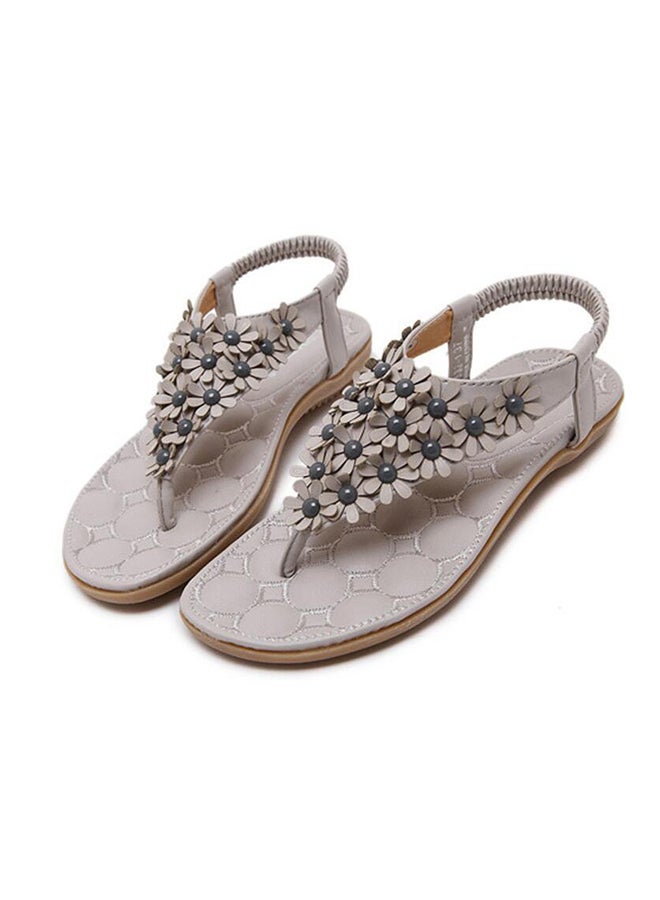 Floral Bohemian String Bead Clip Toe Flat Shoes Grey  - Image 3