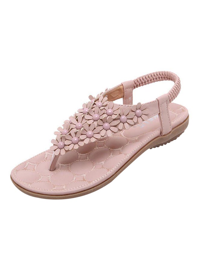 Floral Bohemian String Bead Clip Toe Flat Shoes Pink - Image 1
