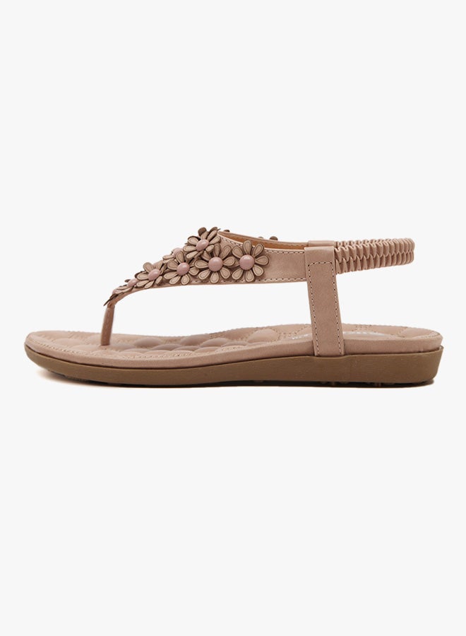 Floral Bohemian String Bead Clip Toe Flat Shoes Pink - Image 2