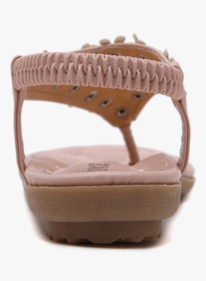 Floral Bohemian String Bead Clip Toe Flat Shoes Pink - Image 3