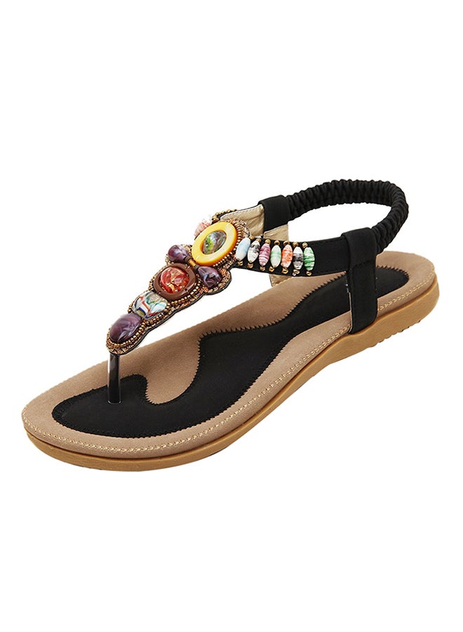 Bohemian Stud String Bead Clip Toe Flat Sandals Black - Image 1