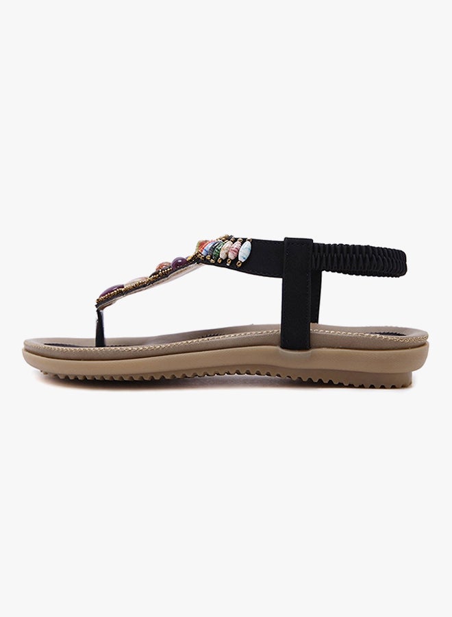 Bohemian Stud String Bead Clip Toe Flat Sandals Black - Image 2