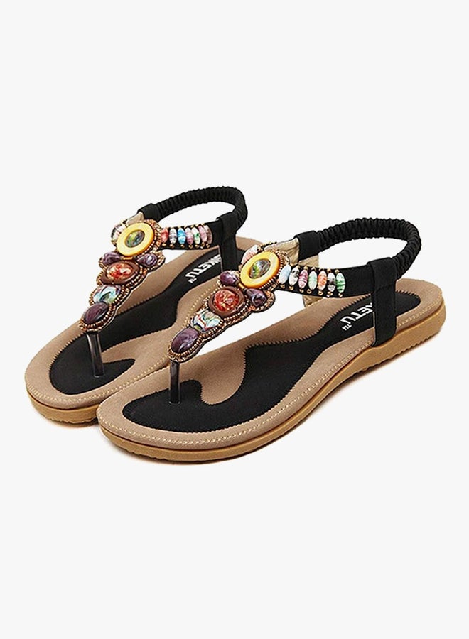 Bohemian Stud String Bead Clip Toe Flat Sandals Black - Image 3