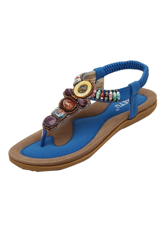 Bohemian Stud String Bead Clip Toe Flat Sandals Blue - Image 1