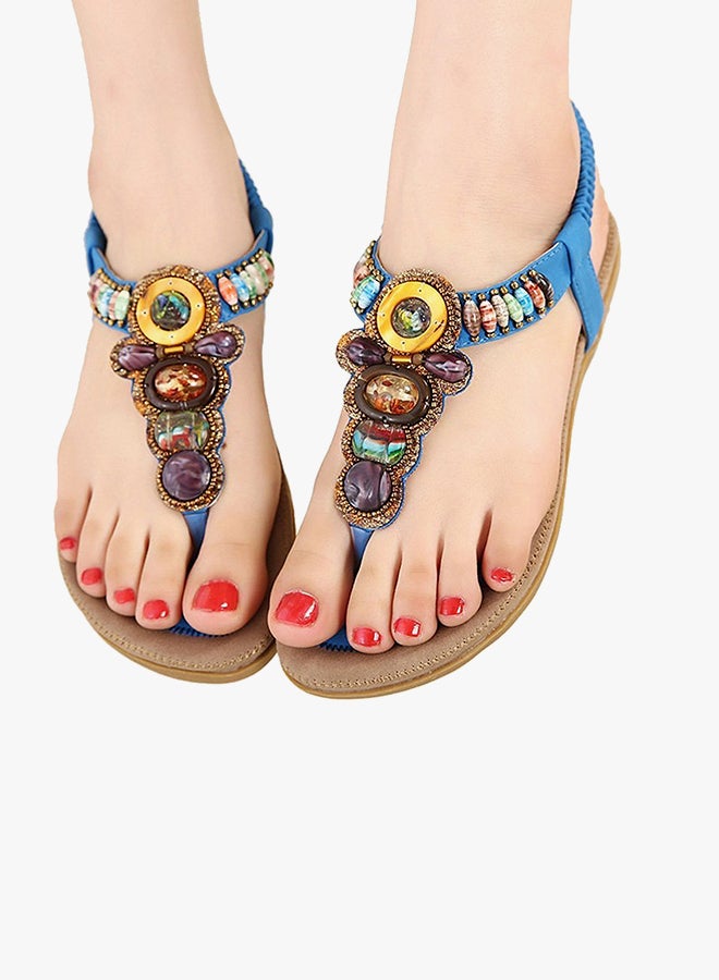 Bohemian Stud String Bead Clip Toe Flat Sandals Blue - Image 2