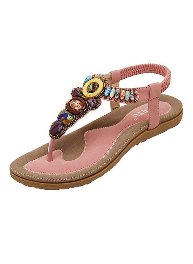 Bohemian Stud String Bead Clip Toe Flat Sandals Pink - Image 1