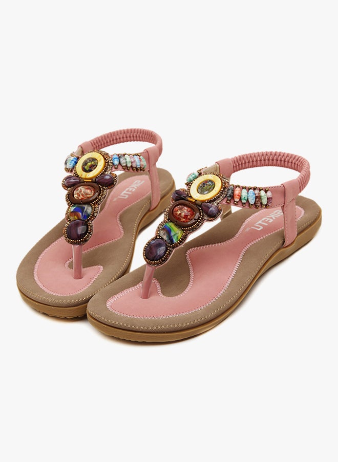Bohemian Stud String Bead Clip Toe Flat Sandals Pink - Image 2