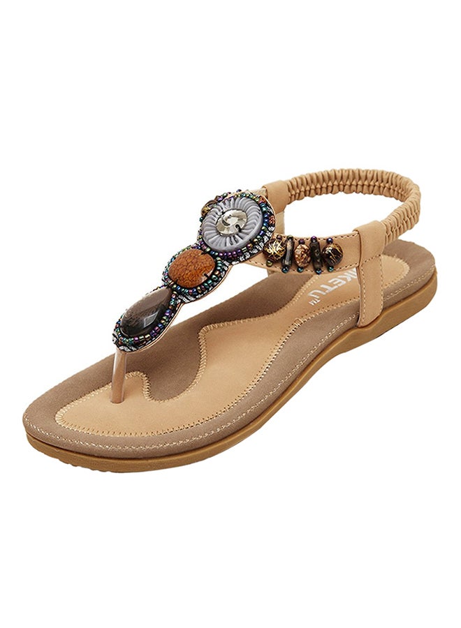 Bohemian String Bead Clip Toe Flat Sandals Beige - Image 1