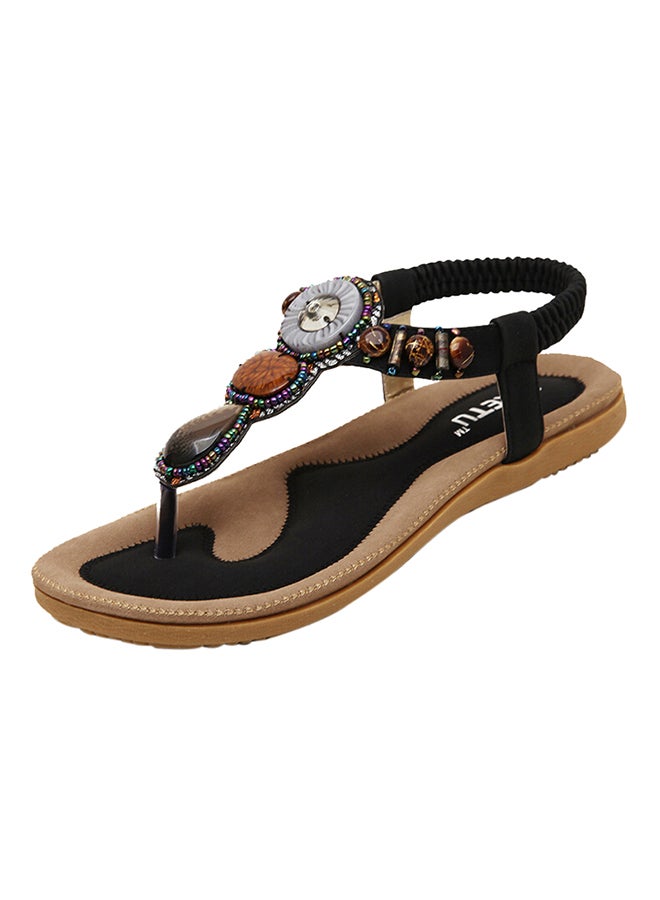 Bohemian String Bead Clip Toe Flat Sandals Black - Image 1