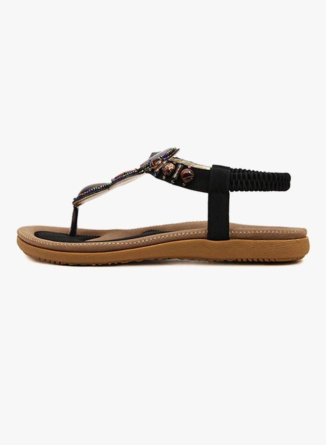 Bohemian String Bead Clip Toe Flat Sandals Black - Image 2