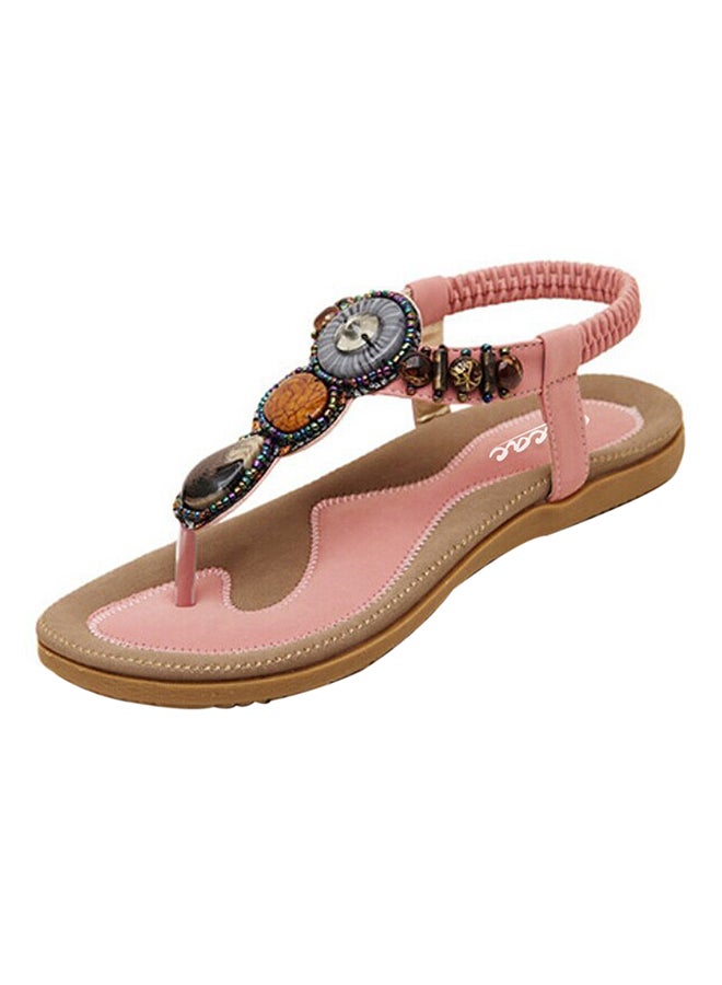 Bohemian String Bead Clip Toe Flat Sandals Pink - Image 1