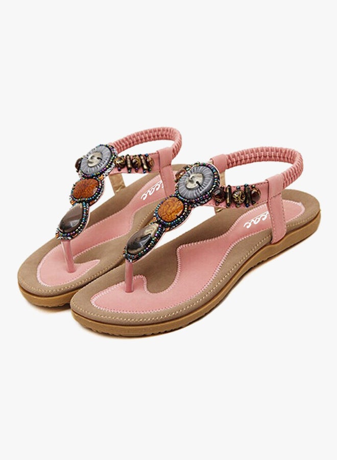 Bohemian String Bead Clip Toe Flat Sandals Pink - Image 2