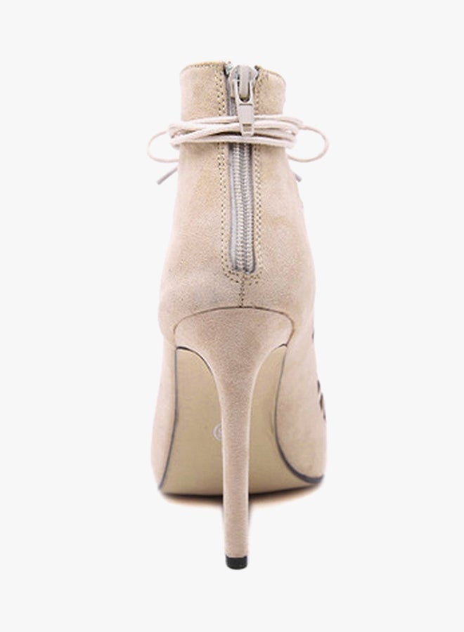 Lace Up Cut Out Open Toe High Heels Sandals Beige  - Image 2