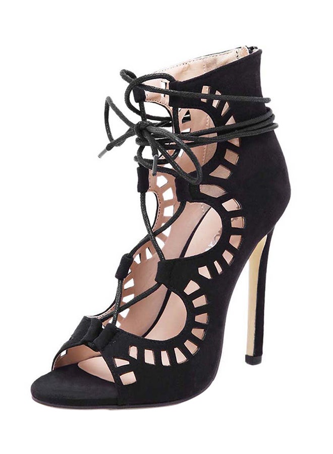 Lace Up Cut Out Open Toe High Heels Sandals Black  - Image 1