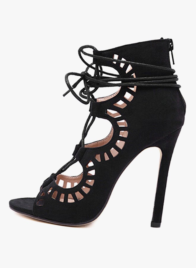 Lace Up Cut Out Open Toe High Heels Sandals Black  - Image 2