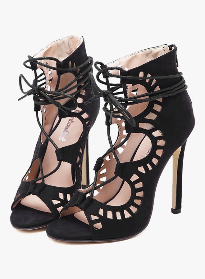 Lace Up Cut Out Open Toe High Heels Sandals Black  - Image 3