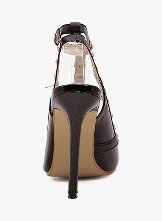 PU Leather Ankle Strap High Heeled Sandals Black  - Image 2