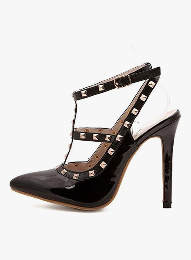 PU Leather Ankle Strap High Heeled Sandals Black  - Image 3