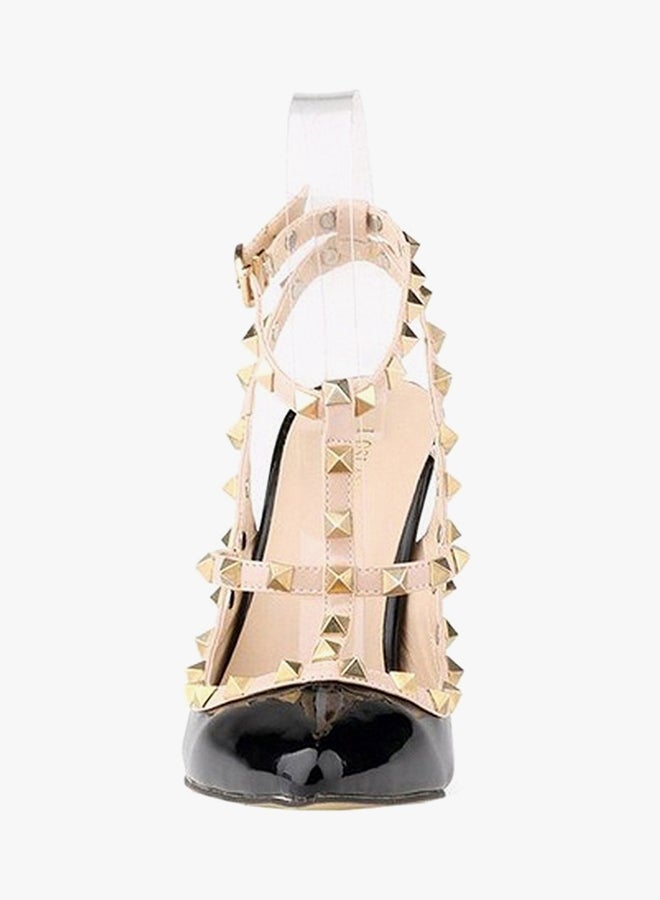PU Leather Ankle Strap High Heeled Sandals Black/beige  - Image 3