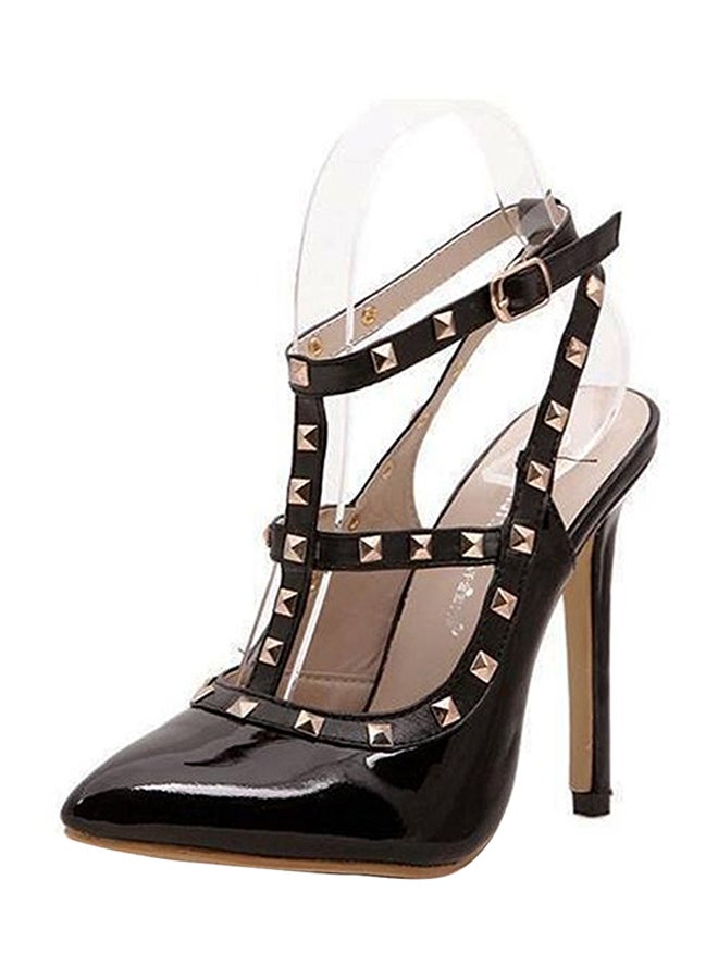 PU Leather Ankle Strap High Heeled Sandals Black  - Image 1