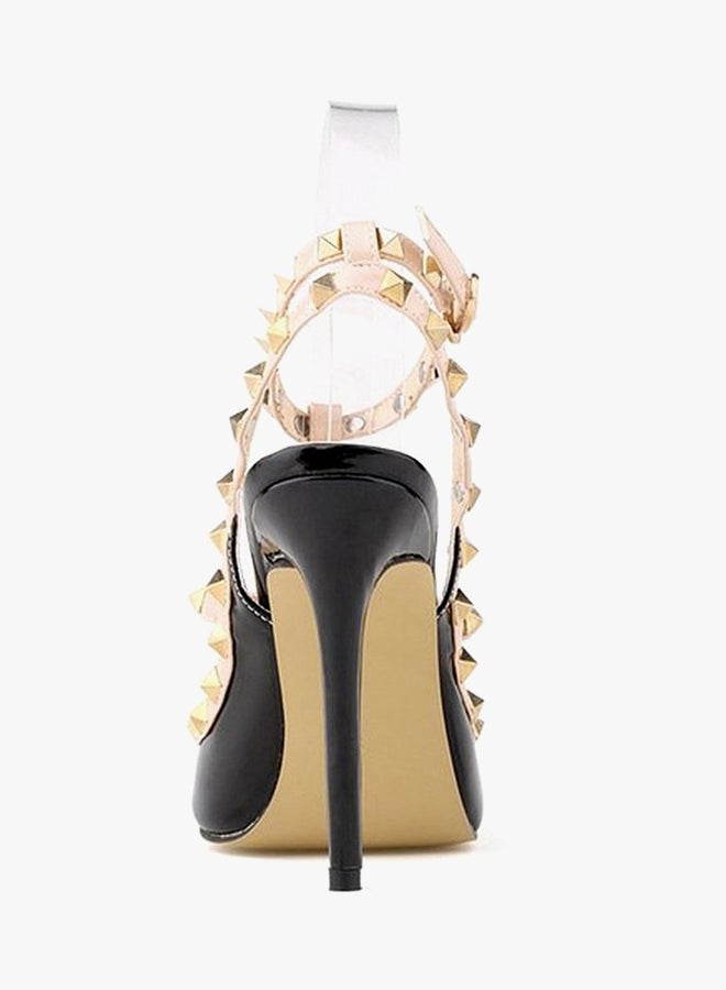 PU Leather Ankle Strap High Heeled Sandals Black/beige  - Image 2