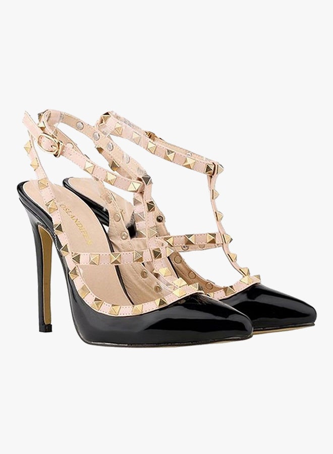 PU Leather Ankle Strap High Heeled Sandals Black/beige  - Image 4