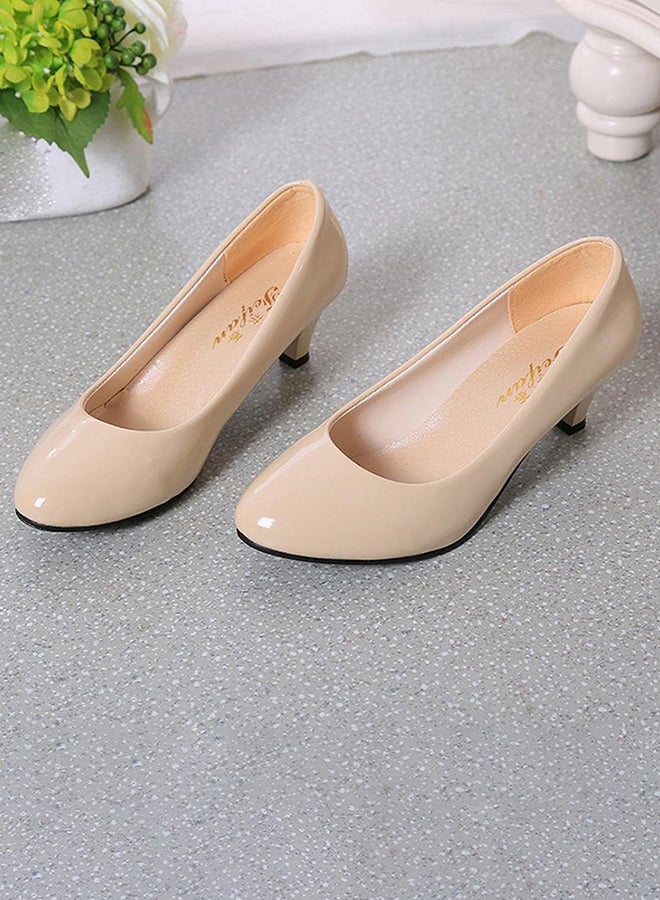 PU Leather Low Heel Pumps Beige - Image 2