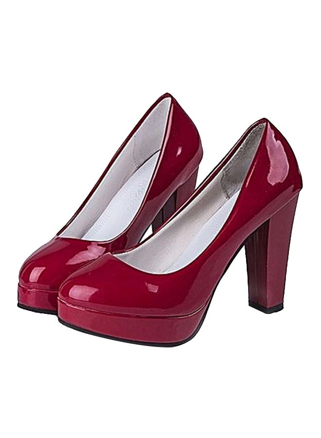 Round Toe Cone Heel Pumps Wine Red 
