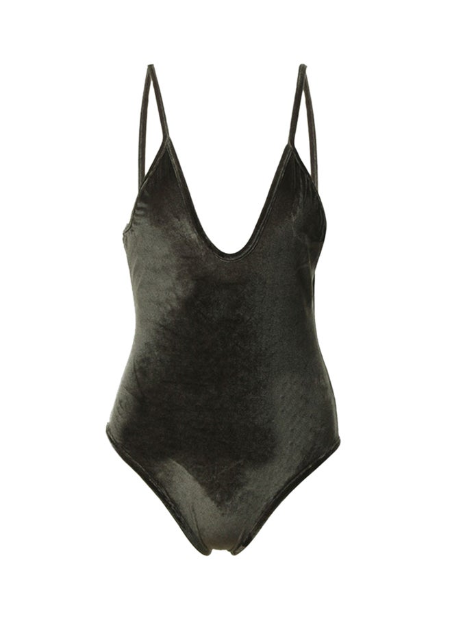 ALEOBONWAY - V Neck Velvet Bodysuit Black - Image 1