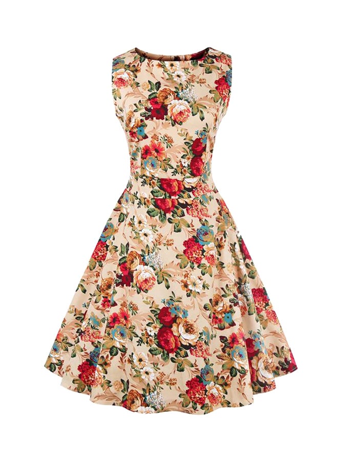 Elegant Floral Print Retro Vintage 1950'S Hepburn Style Dress Multicolour 