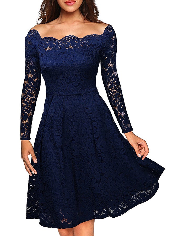 Elegant Lace Sleeves Evening Party Dress Navy Blue 