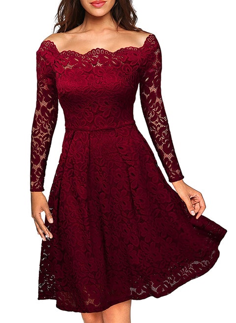 Elegant Lace Sleeves Evening Party Dress Wine Red