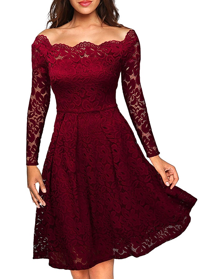 Elegant Lace Sleeves Evening Party Dress Wine Red