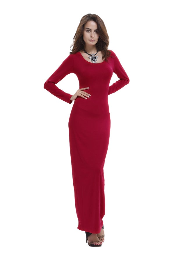 Long Sleeves A-Line Classic Maxi Dress Red  - Image 1