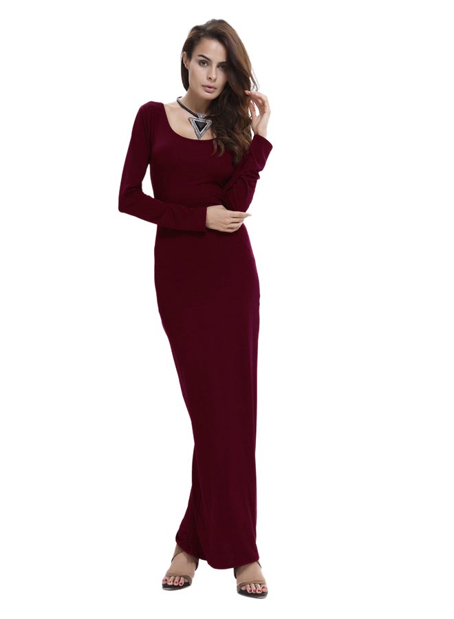 Long Sleeves A-Line Classic Maxi Dress Wine Red  - Image 1